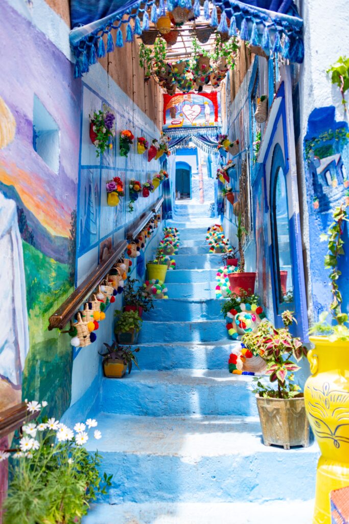 Vibrant alleyway with blue stairs, colorful plants, and artistic murals. Urban charm captured outdoors.